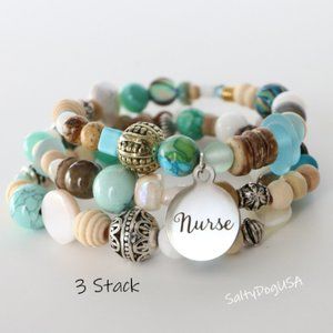 Beachy Boho Nurse Bracelet, One bracelet with stainless steel engraved charm.